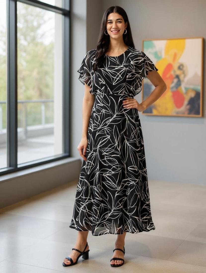 women printed flared sleeve fit & flare dress