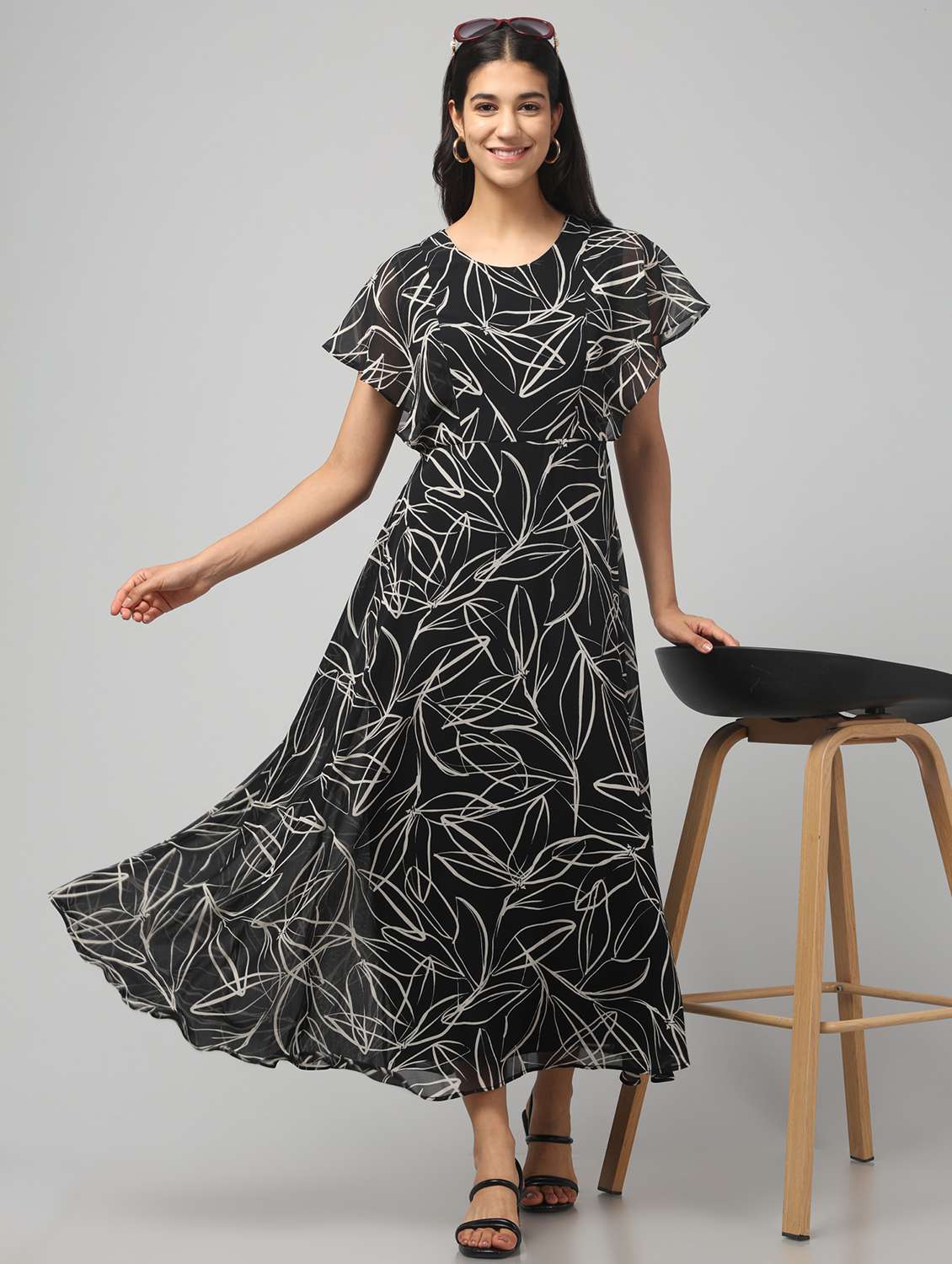women printed flared sleeve fit & flare dress - 22008642 - Standard Image - 1
