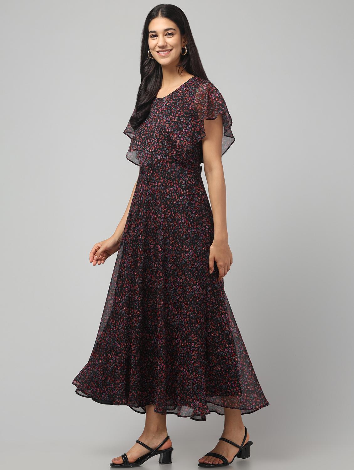 women floral print ruffle sleeve flared dress - 22008644 - Standard Image - 1