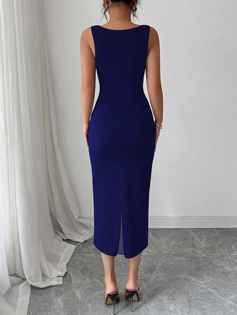 women solid round neck slim fit bodycon dress - 22008733 - Standard Image - 4