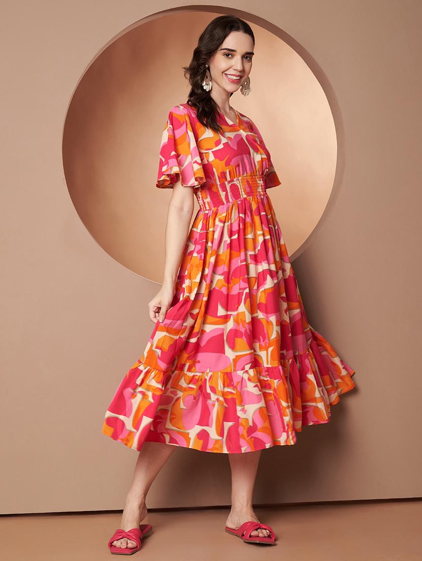 women abstract printed flared sleeve tiered dress - 22008739 -  Standard Image - 1