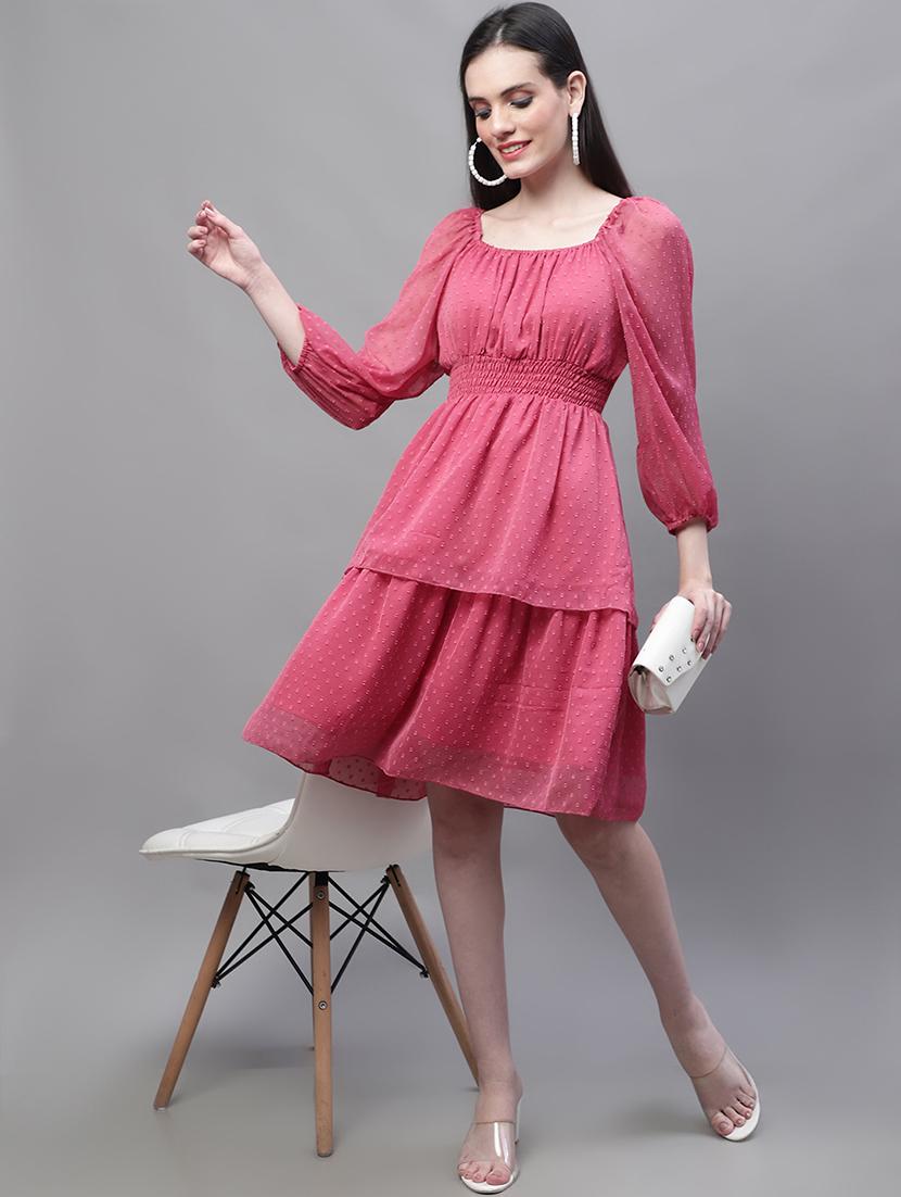 women self design puff sleeve tie knot back tiered dress - 22008755 -  Zoom Image - 0