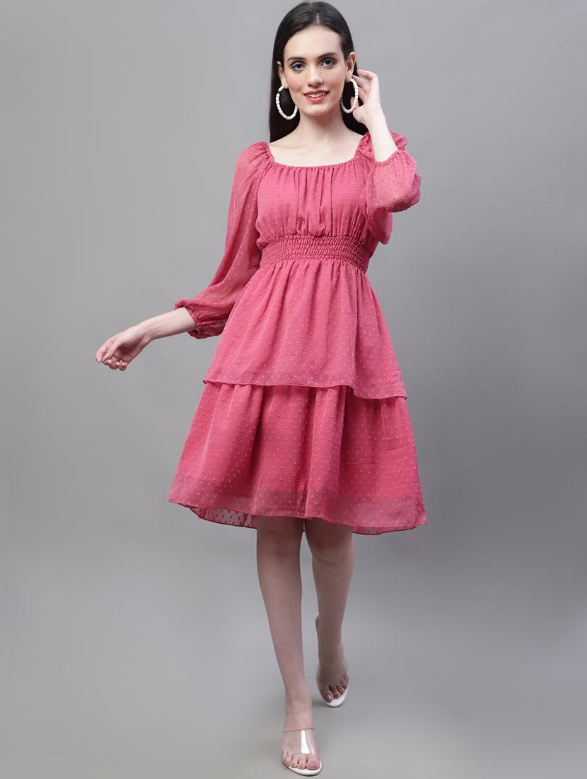 women self design puff sleeve tie knot back tiered dress - 22008755 -  Standard Image - 1