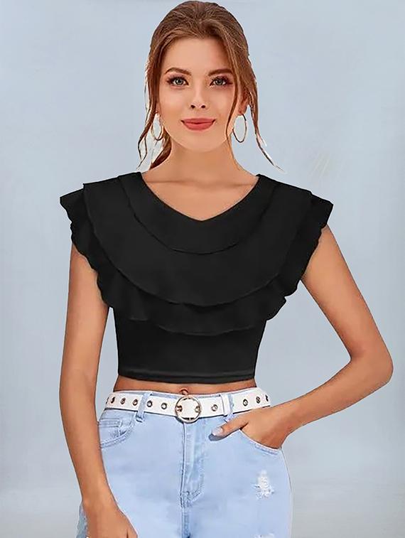 women black solid v neck crop top - 22008759 -  Zoom Image - 0