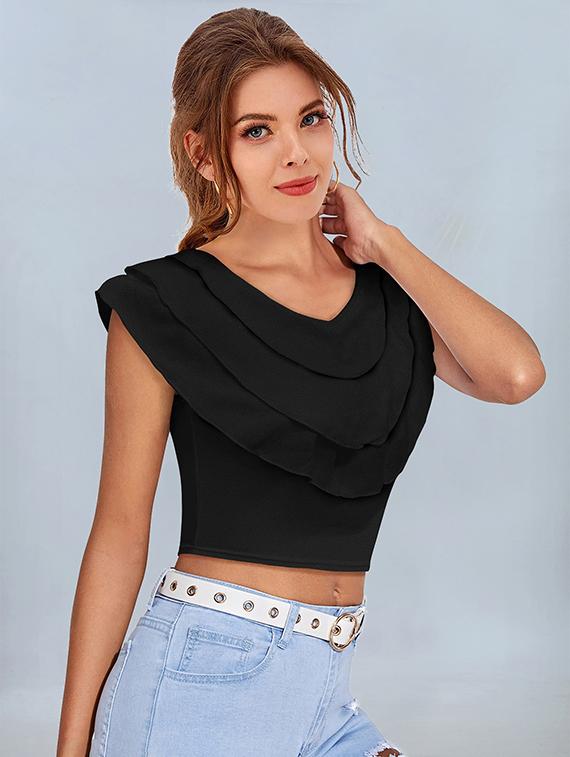 women black solid v neck crop top - 22008759 -  Standard Image - 1