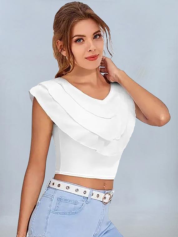 women white solid v neck crop top - 22008760 -  Standard Image - 1