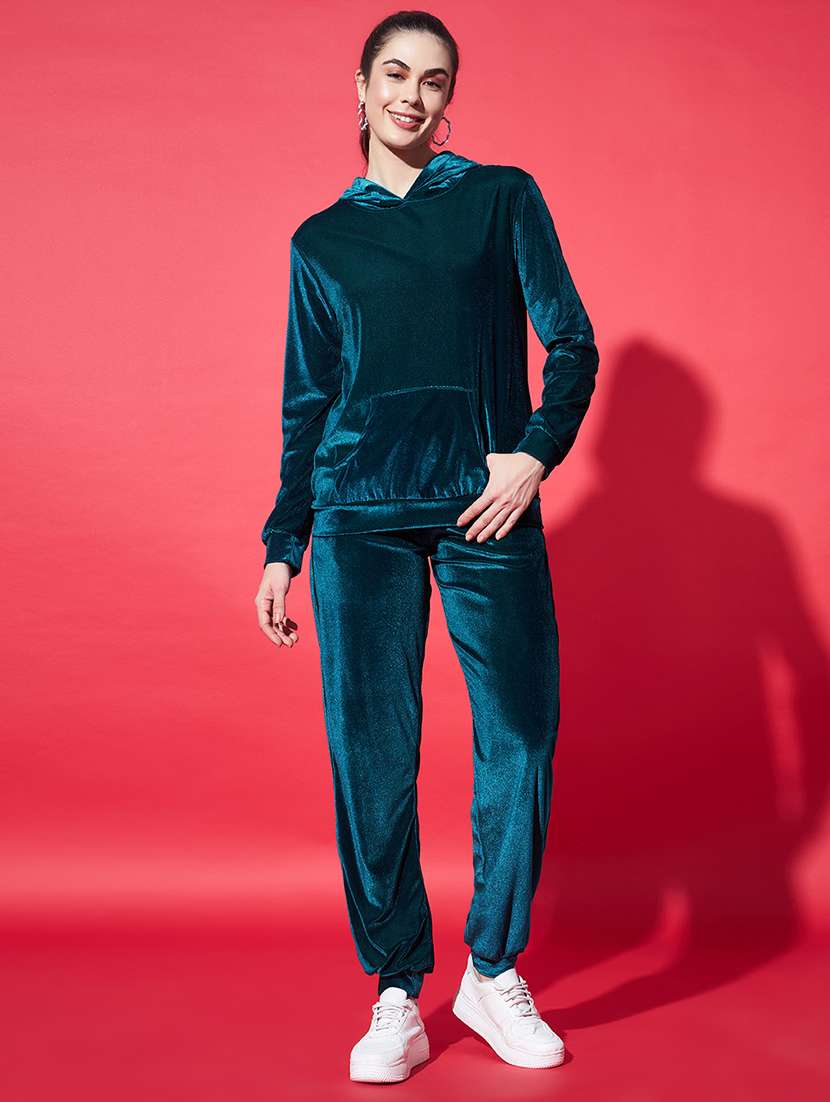 women solid hooded velvet active wear set - 22008769 - Standard Image - 1