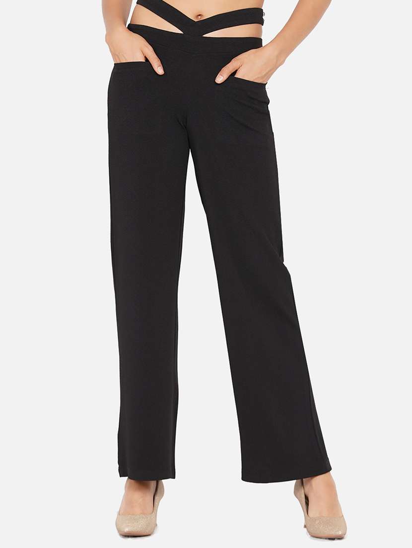 women solid mid rise cut-out detail wide leg trouser