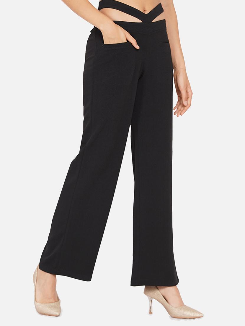 women solid mid rise cut-out detail wide leg trouser - 22009128 -  Standard Image - 1