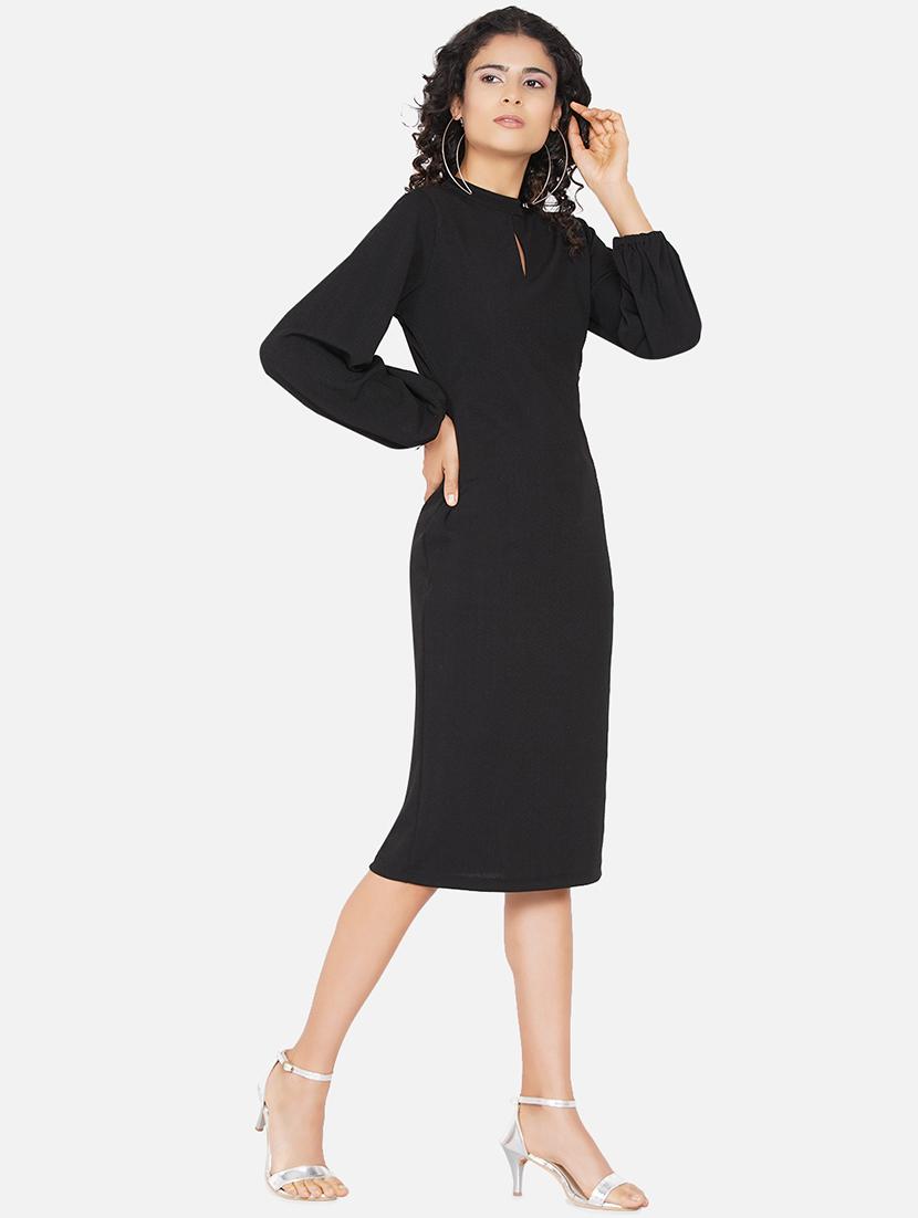 women solid bishop sleeve slim fit bodycon dress - 22009136 - Standard Image - 1