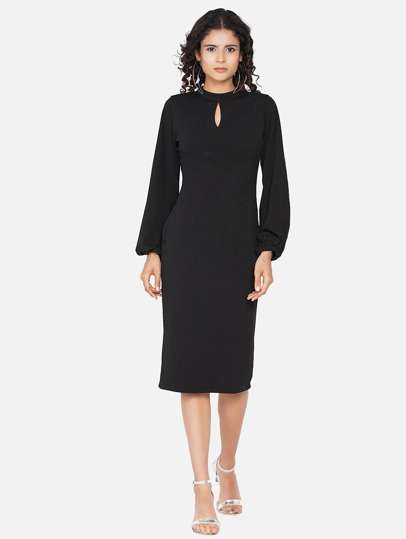 women solid bishop sleeve slim fit bodycon dress - 22009136 - Standard Image - 4