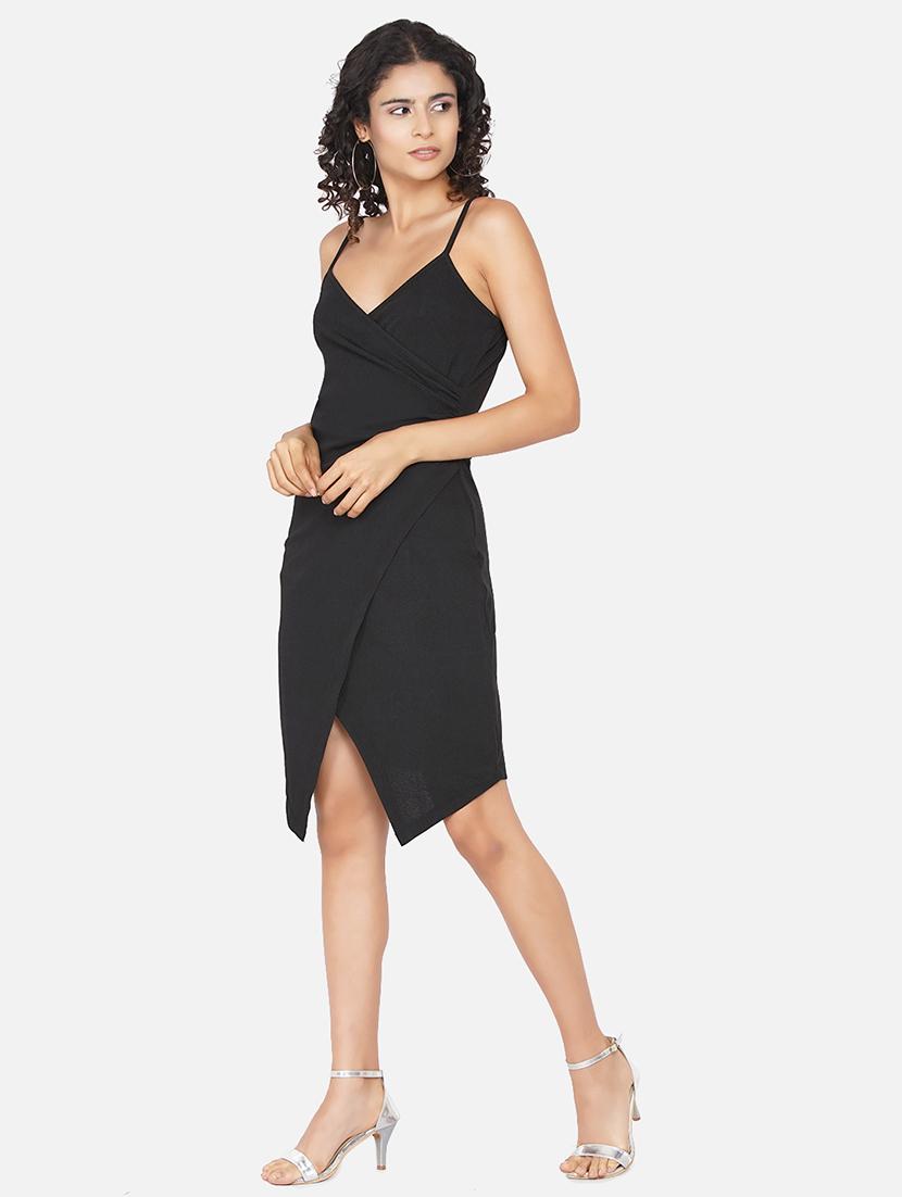 women solid shoulder strap slim fit asymmetric dress - 22009139 - Standard Image - 1