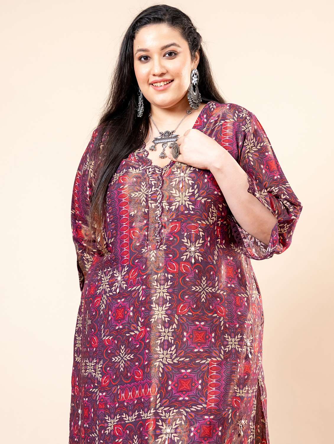 Women Plus Size Printed Three Quarter Sleeve Kurta Pant Set