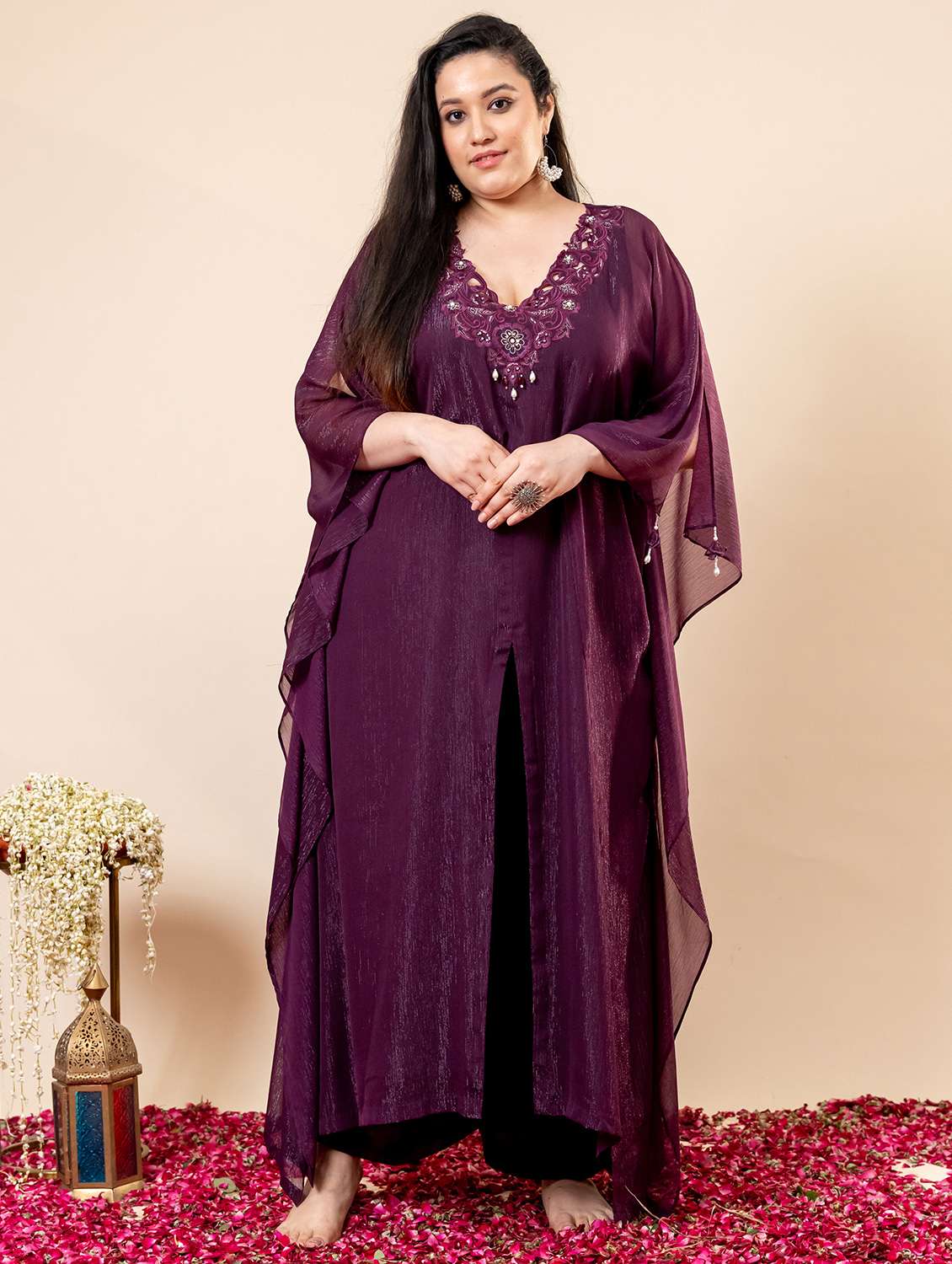 women plus size solid with work kaftan kurta with pant set - 22009143 - Zoom Image - 0