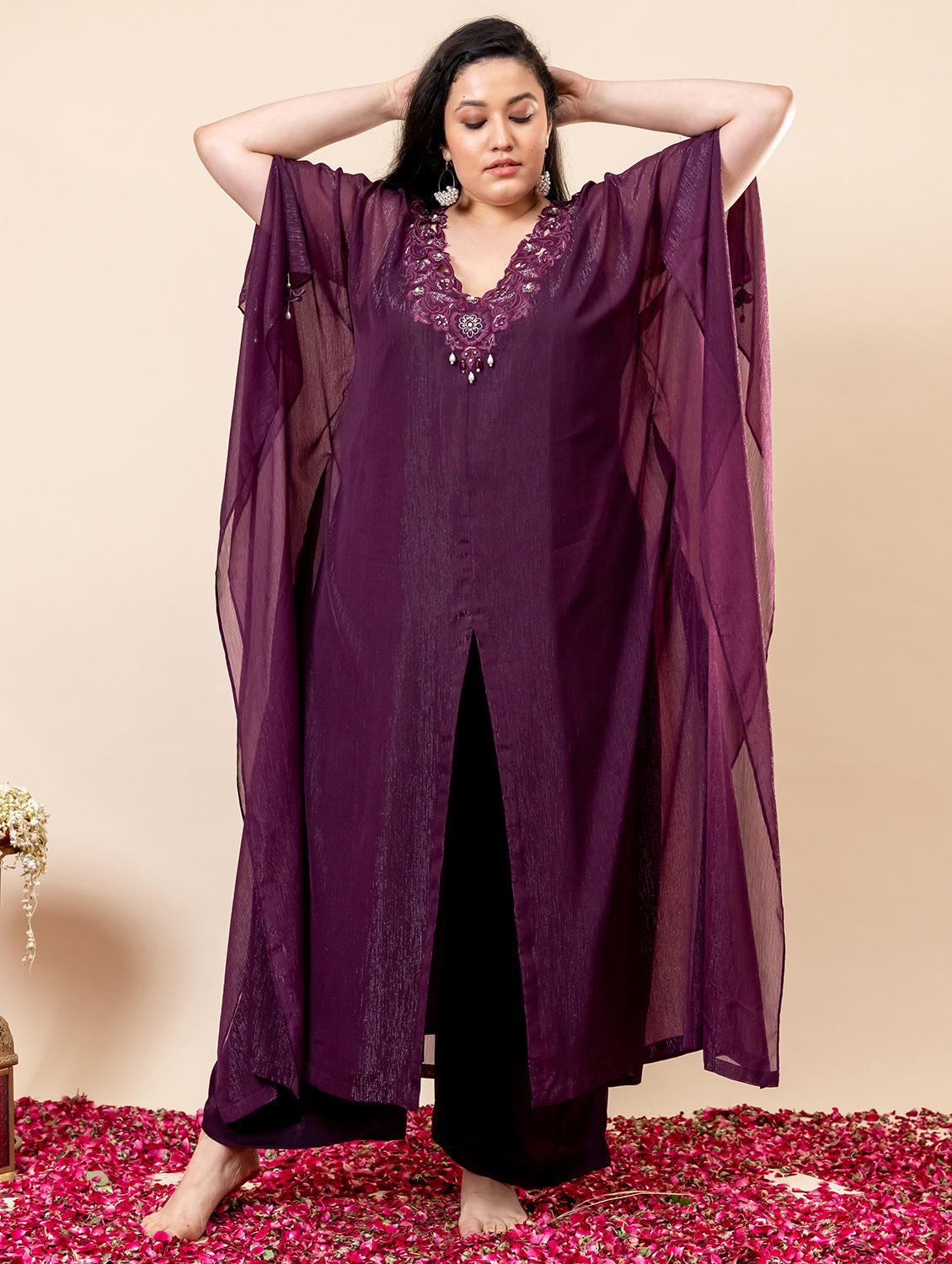 women plus size solid with work kaftan kurta with pant set - 22009143 - Standard Image - 4