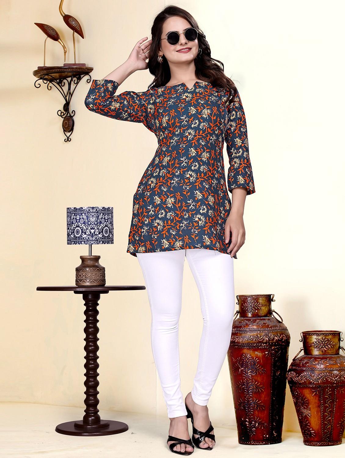 women printed three quarter sleeve straight kurti - 22009149 - Standard Image - 1