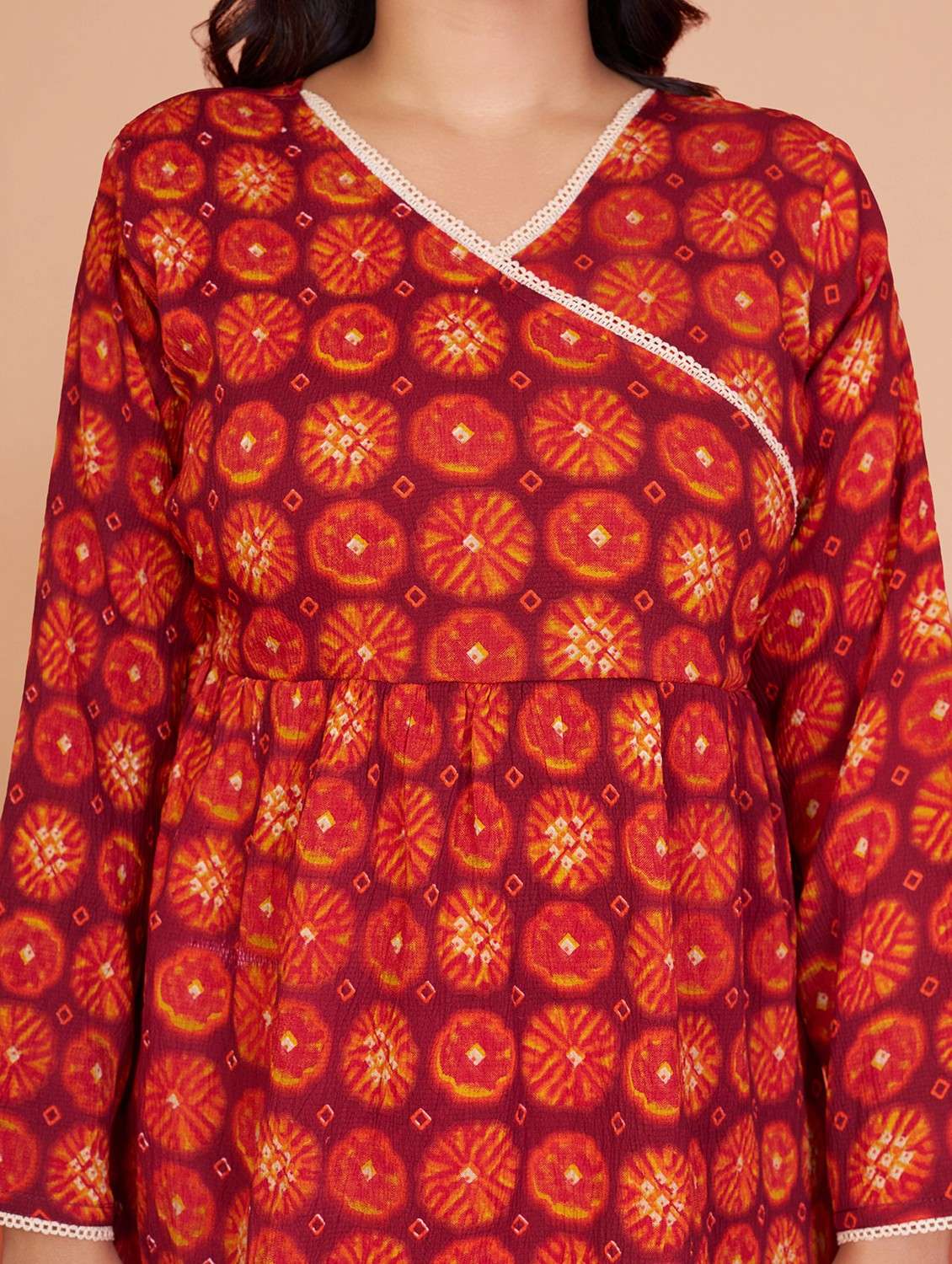 women tie & dye long sleeve angrakha kurti - 22009156 - Zoom Image - 0