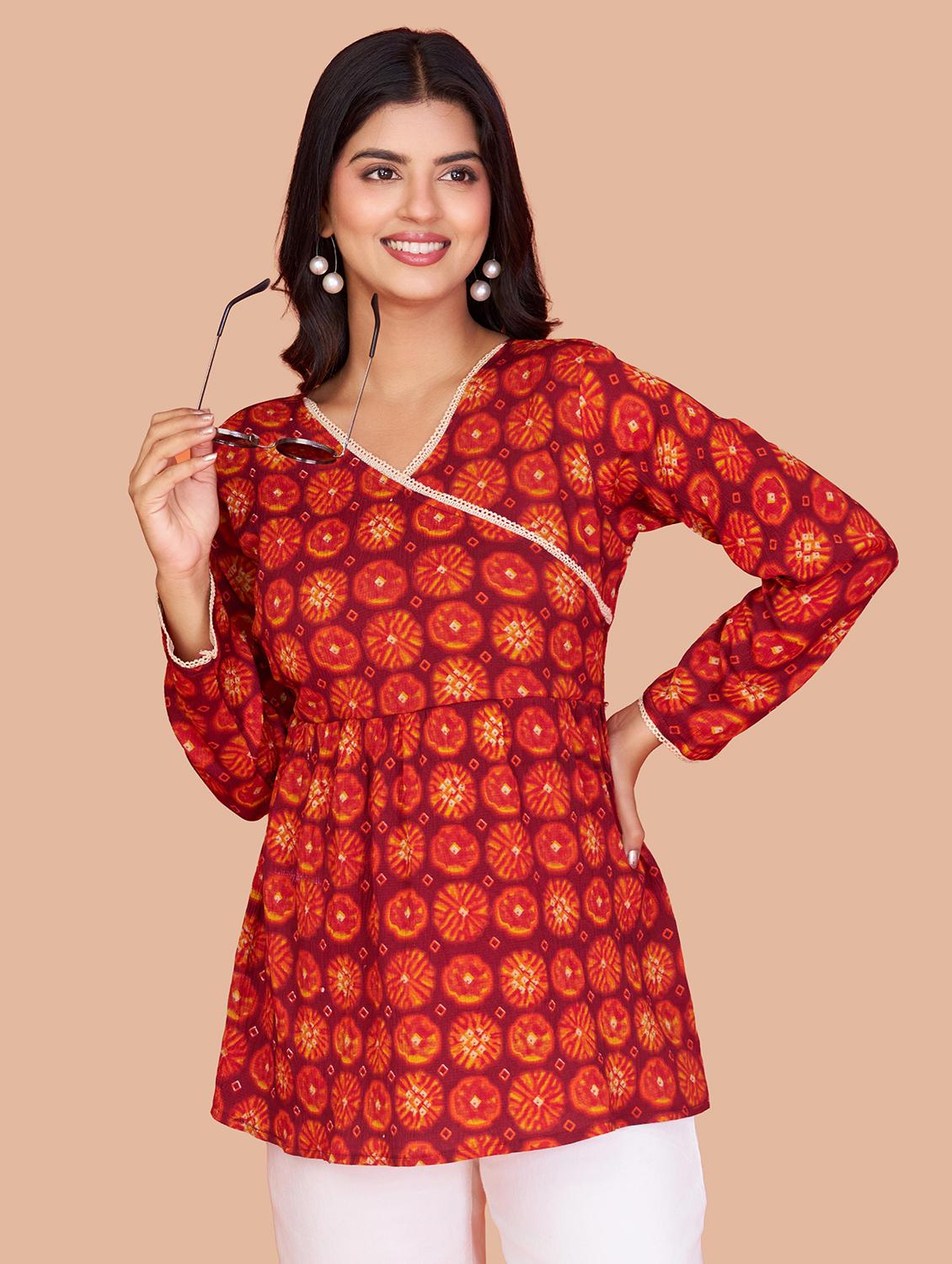women tie & dye long sleeve angrakha kurti - 22009156 - Standard Image - 1