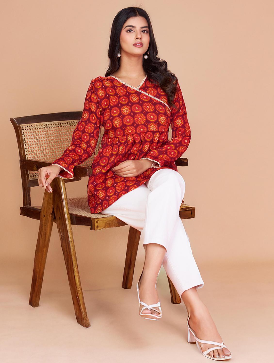 women tie & dye long sleeve angrakha kurti - 22009156 - Standard Image - 4