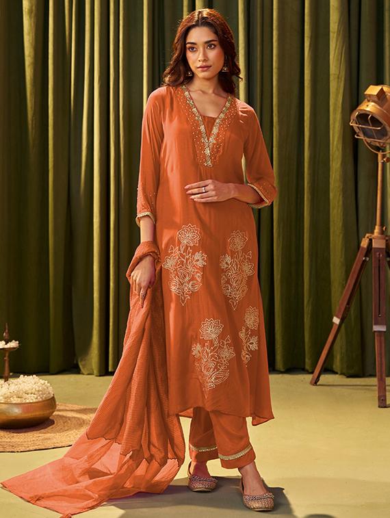 women embroidered three quarter sleeve kurta pant with dupatta set - 22009161 -  Standard Image - 1