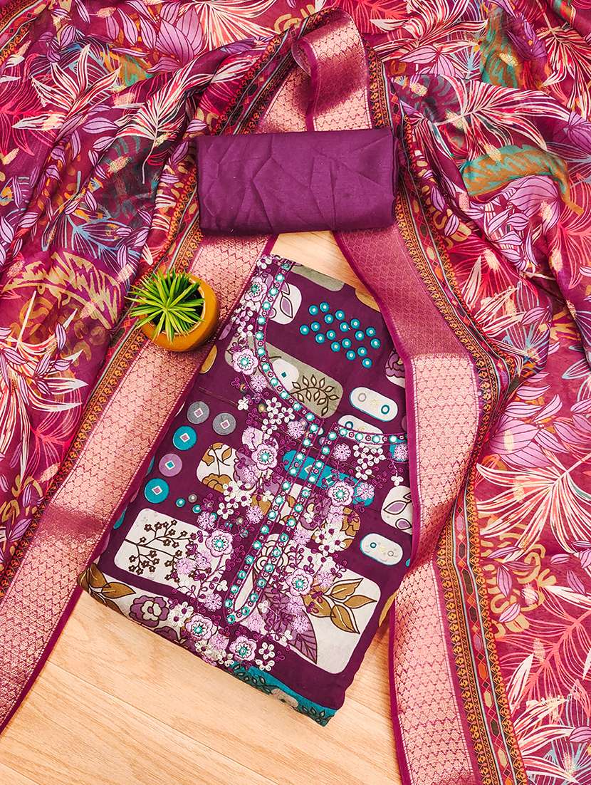 women printed embroidered unstitched suit set - 22009177 -  Standard Image - 1