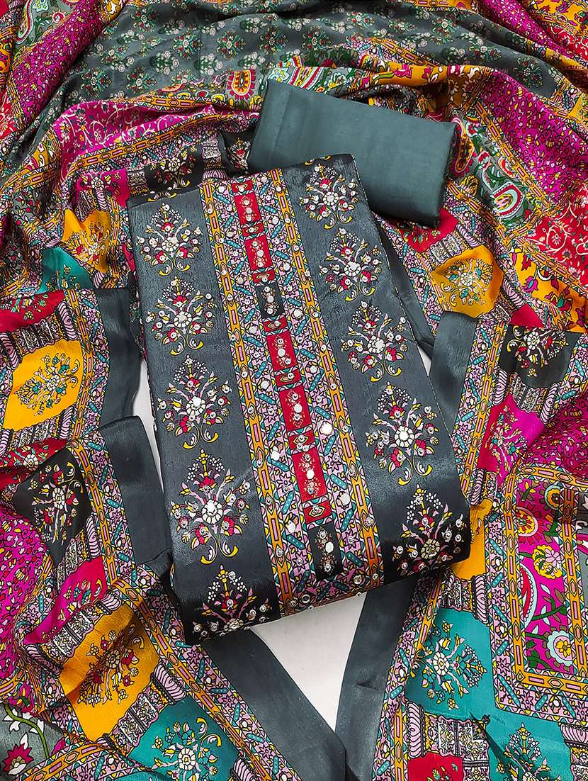 women printed mirror work unstitched suit set