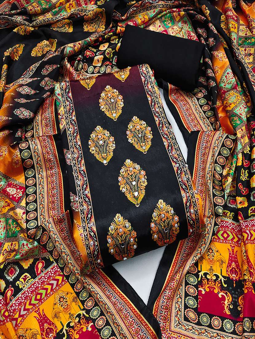 women printed mirror work unstitched suit set