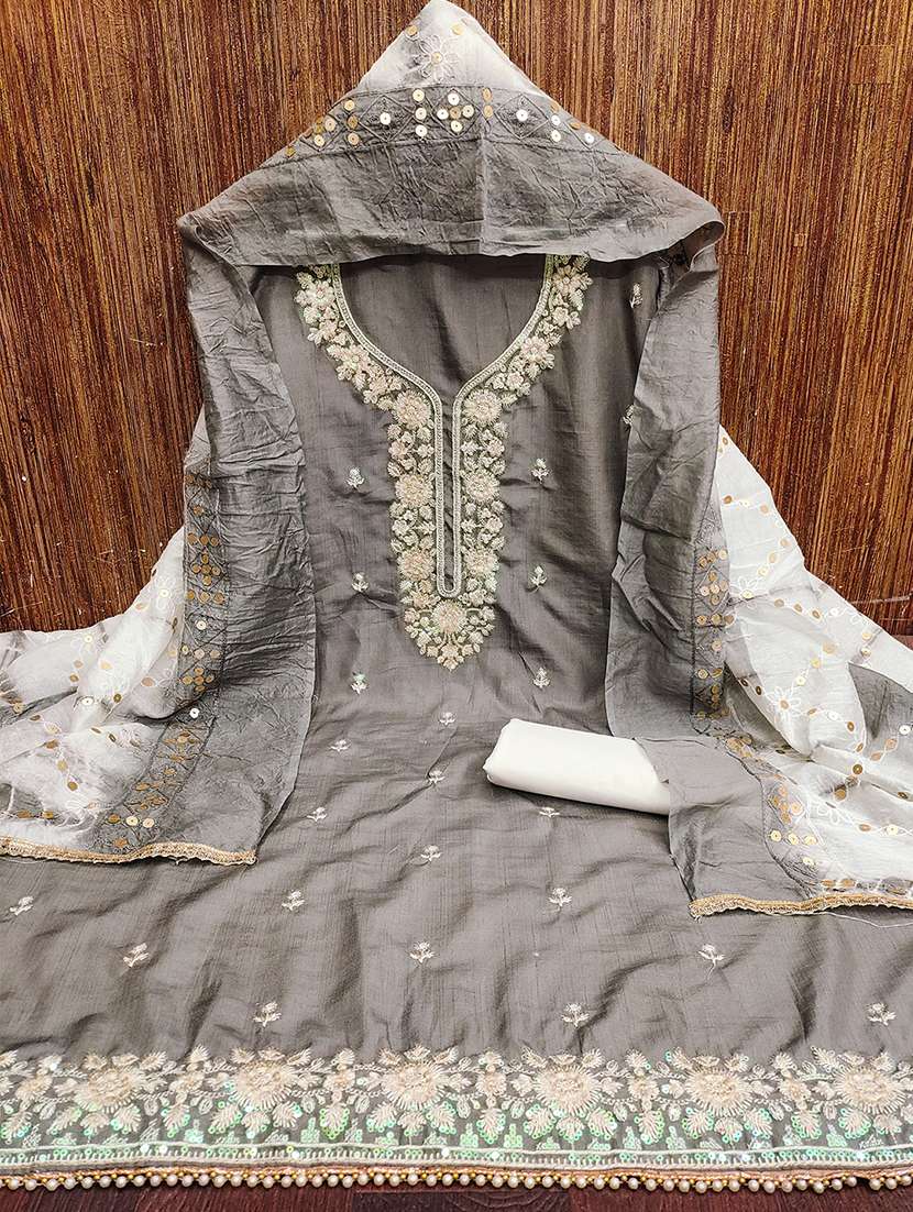 women solid with work embroidered unstitched suit set - 22009218 -  Standard Image - 1