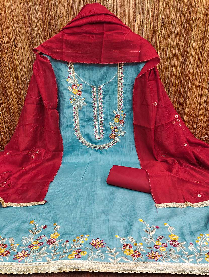 women solid with work embroidered unstitched suit set - 22009225 -  Standard Image - 1