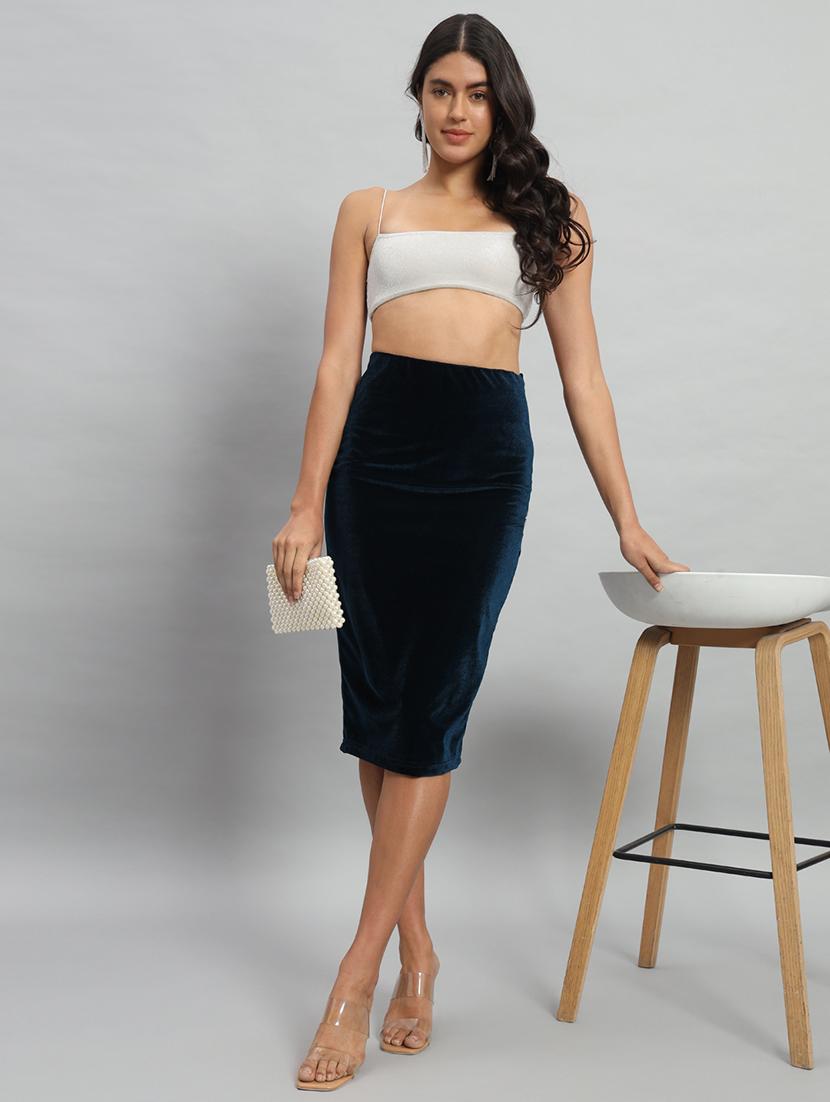 women blue solid velvet pencil skirt - 22009228 -  Standard Image - 1