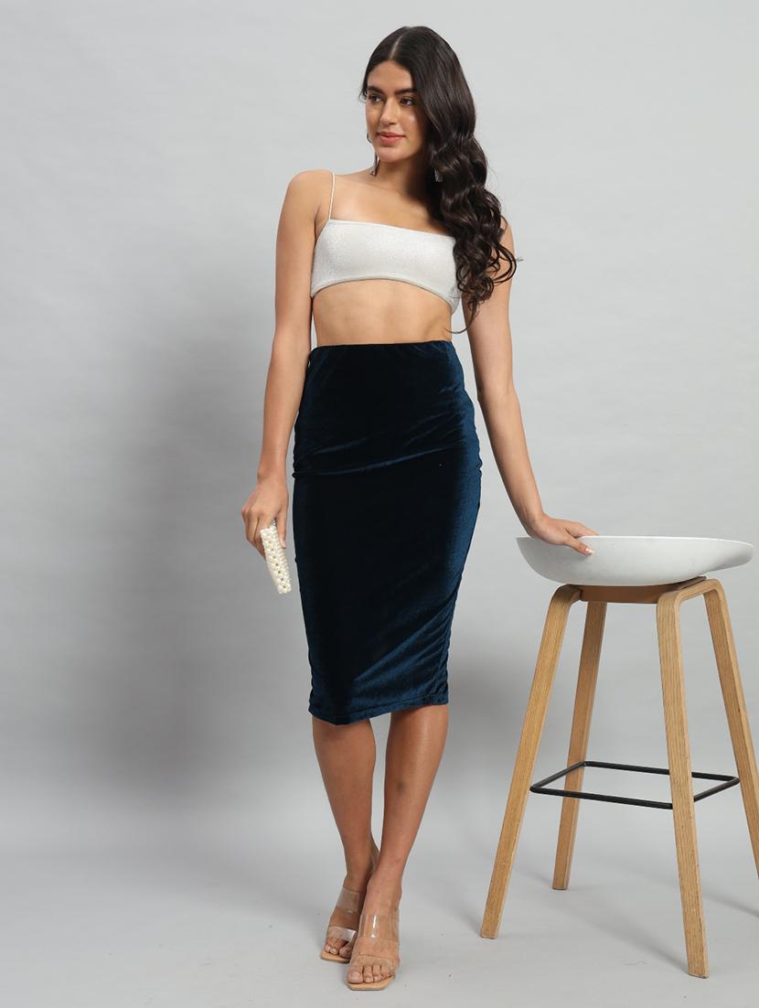 women blue solid velvet pencil skirt - 22009228 - Standard Image - 4
