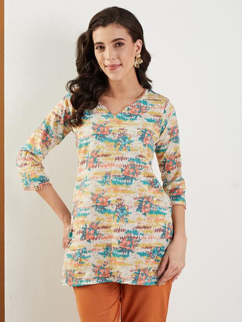 women printed three quarter sleeve straight kurti - 22009250 -  Standard Image - 0
