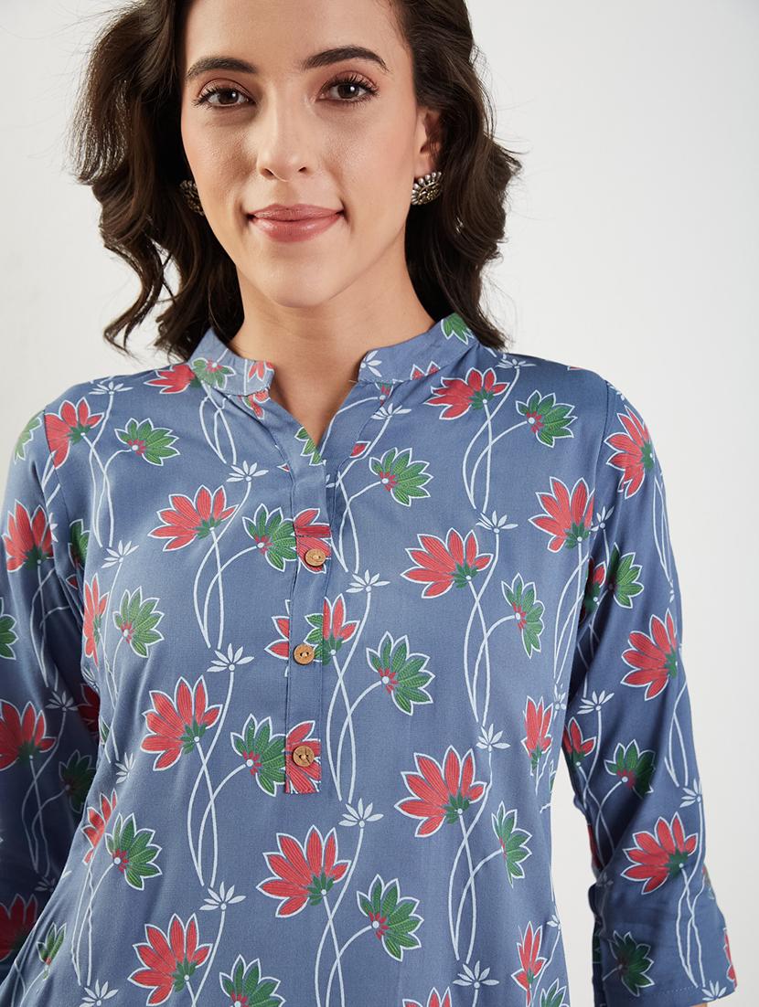 women floral printed three quarter sleeve straight kurti - 22009252 -  Standard Image - 1