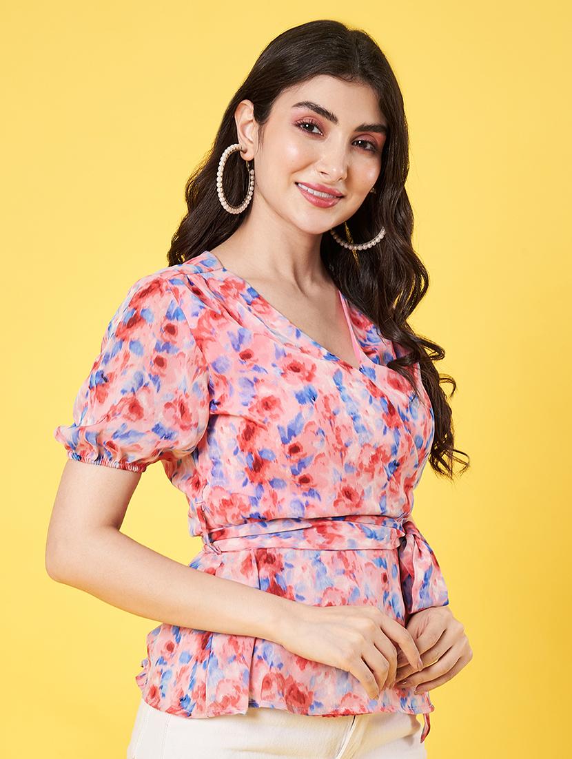 women printed puff sleeve regular fit wrap top - 22009403 -  Zoom Image - 0