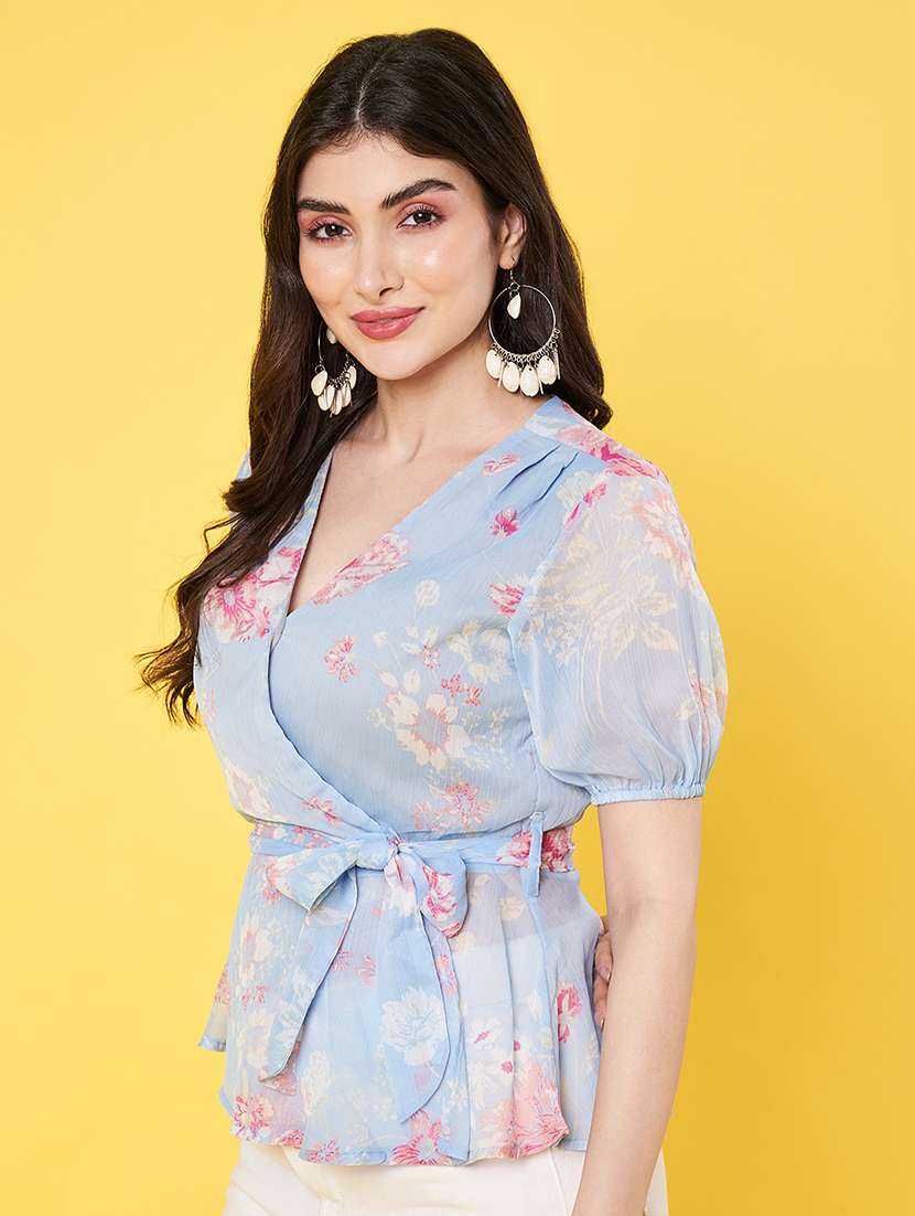 women floral printed puff sleeve regular fit wrap top - 22009404 -  Standard Image - 1