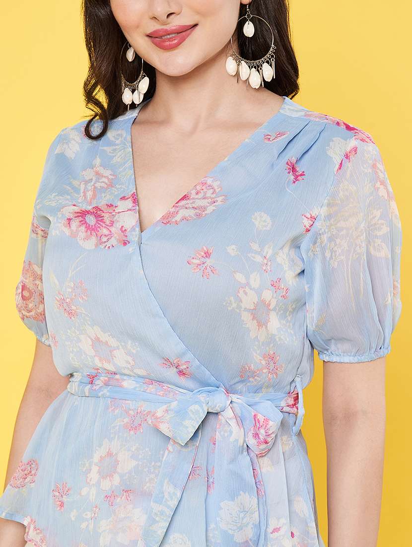 women floral printed puff sleeve regular fit wrap top - 22009404 -  Standard Image - 4