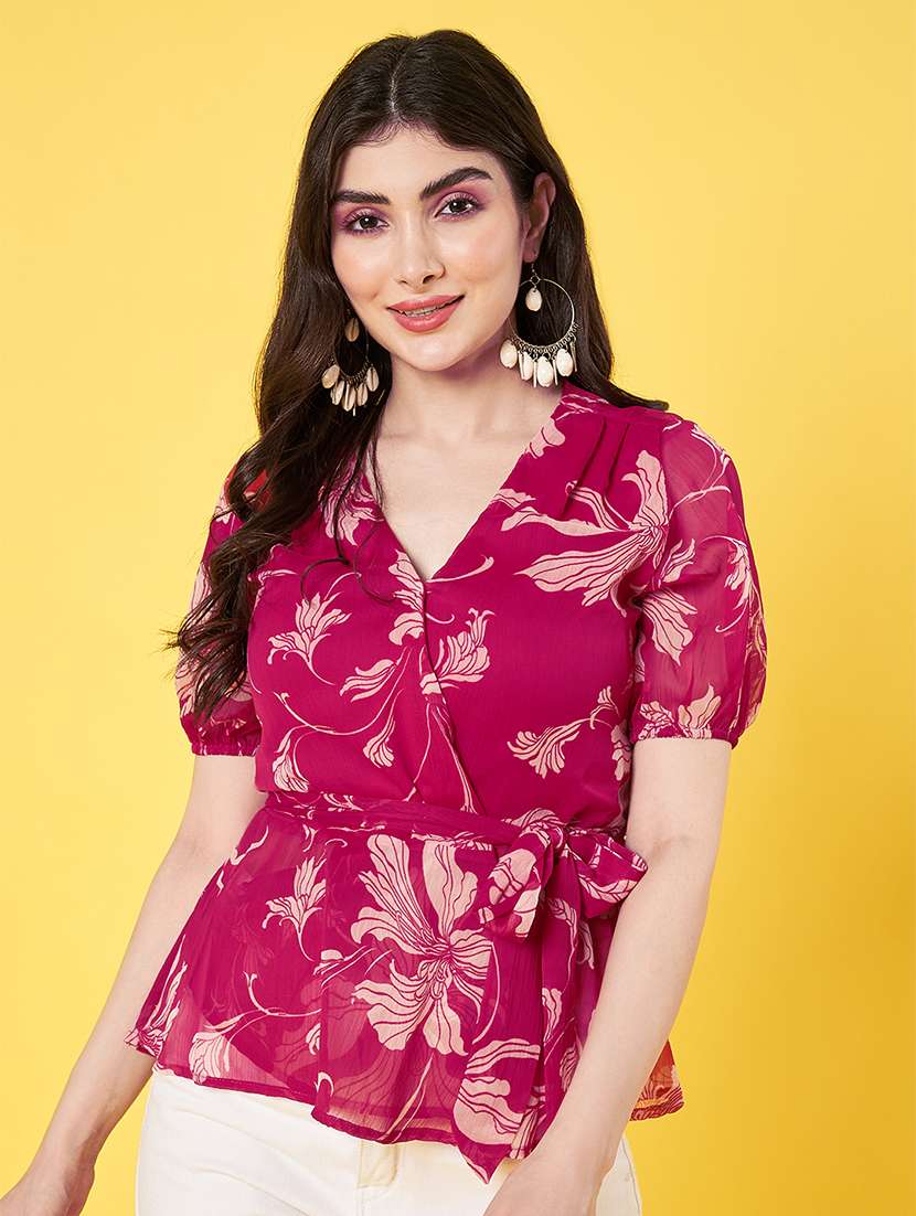 women floral printed puff sleeve regular fit wrap top
