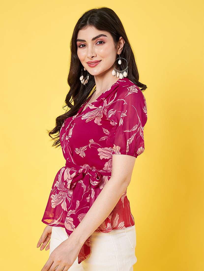 women floral printed puff sleeve regular fit wrap top - 22009405 -  Standard Image - 1