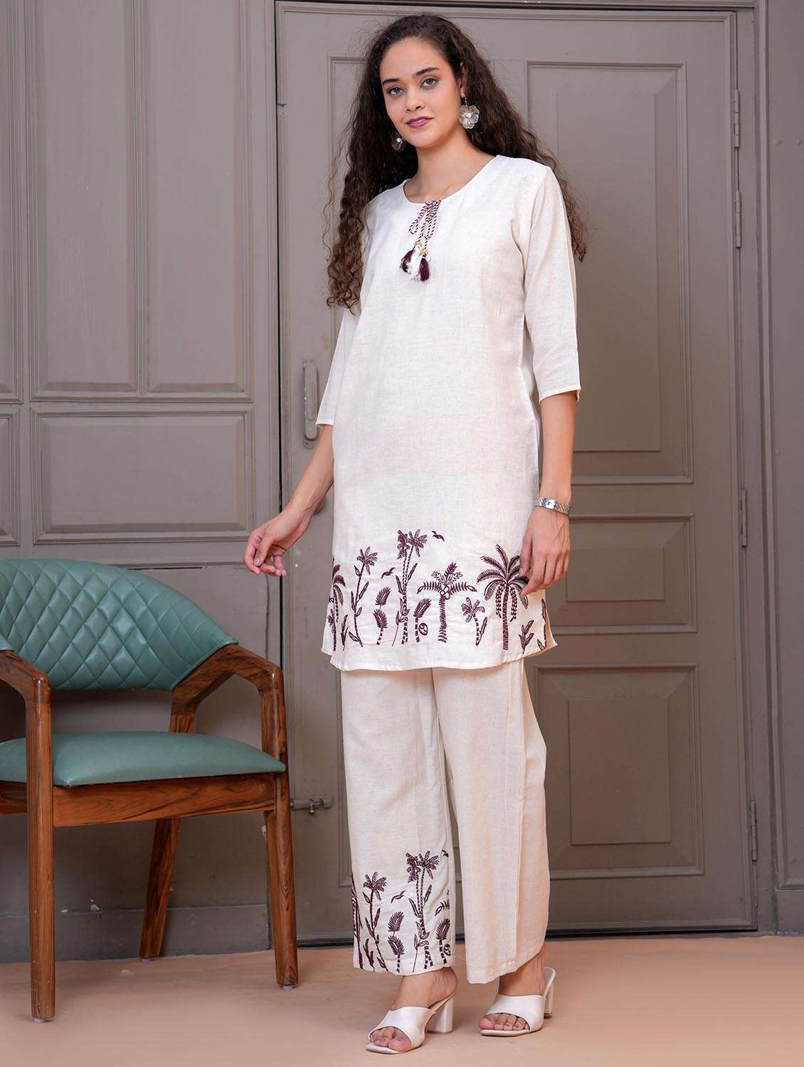 women embroidered tie up neck kurta and palazo set - 22009467 - Standard Image - 1