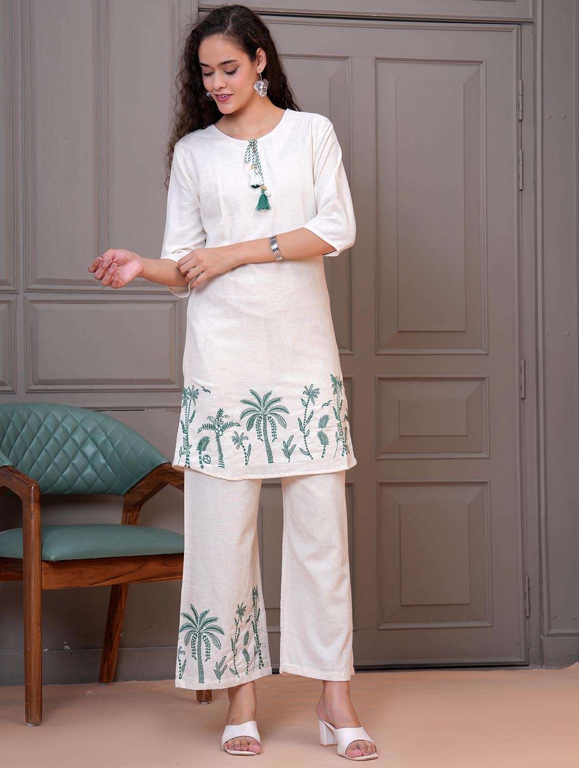 women embrpidered tie up neck kurta and palazzo set - 22009468 - Standard Image - 1