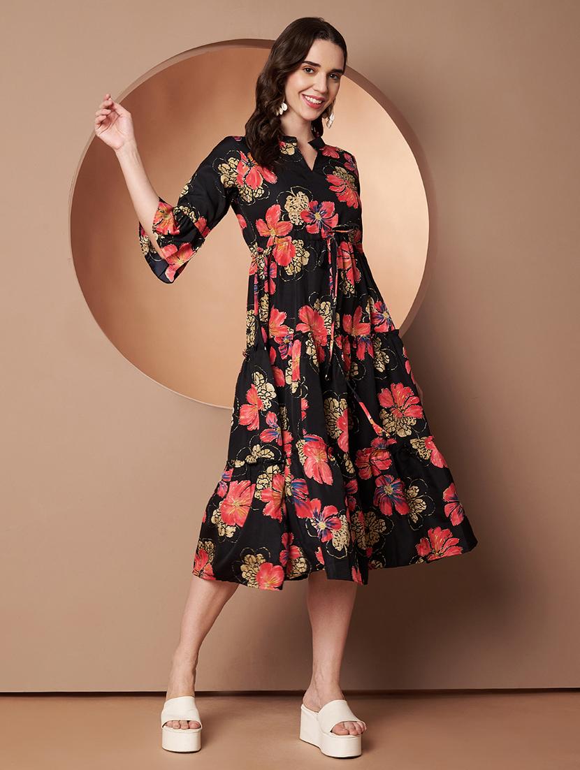women floral print three quarter sleeve tiered dress - 22009503 -  Standard Image - 1