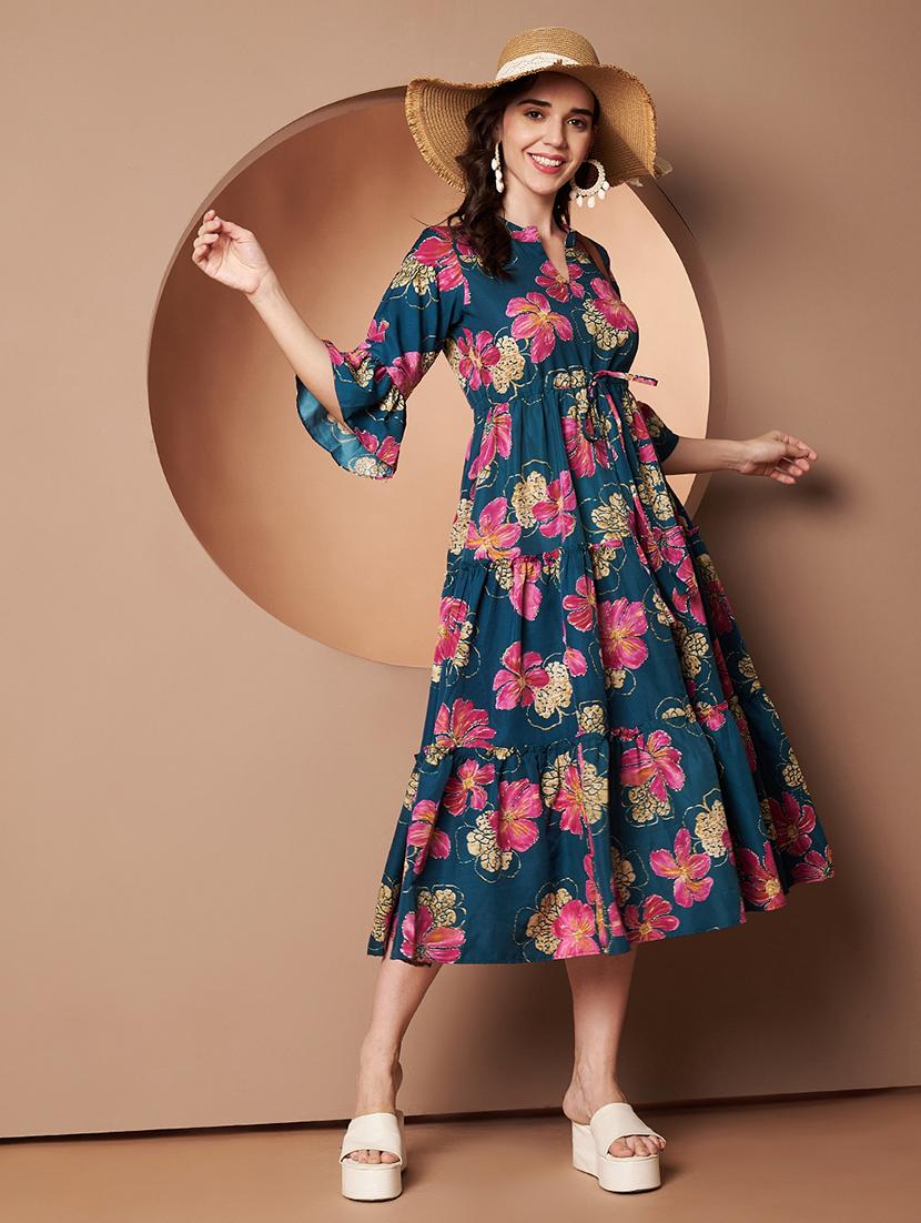 women floral print three quarter sleeve tiered dress