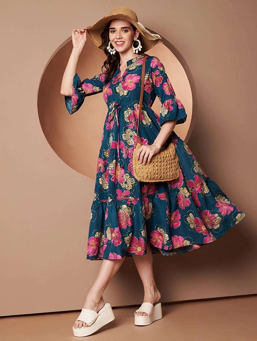 women floral print three quarter sleeve tiered dress - 22009505 -  Standard Image - 1