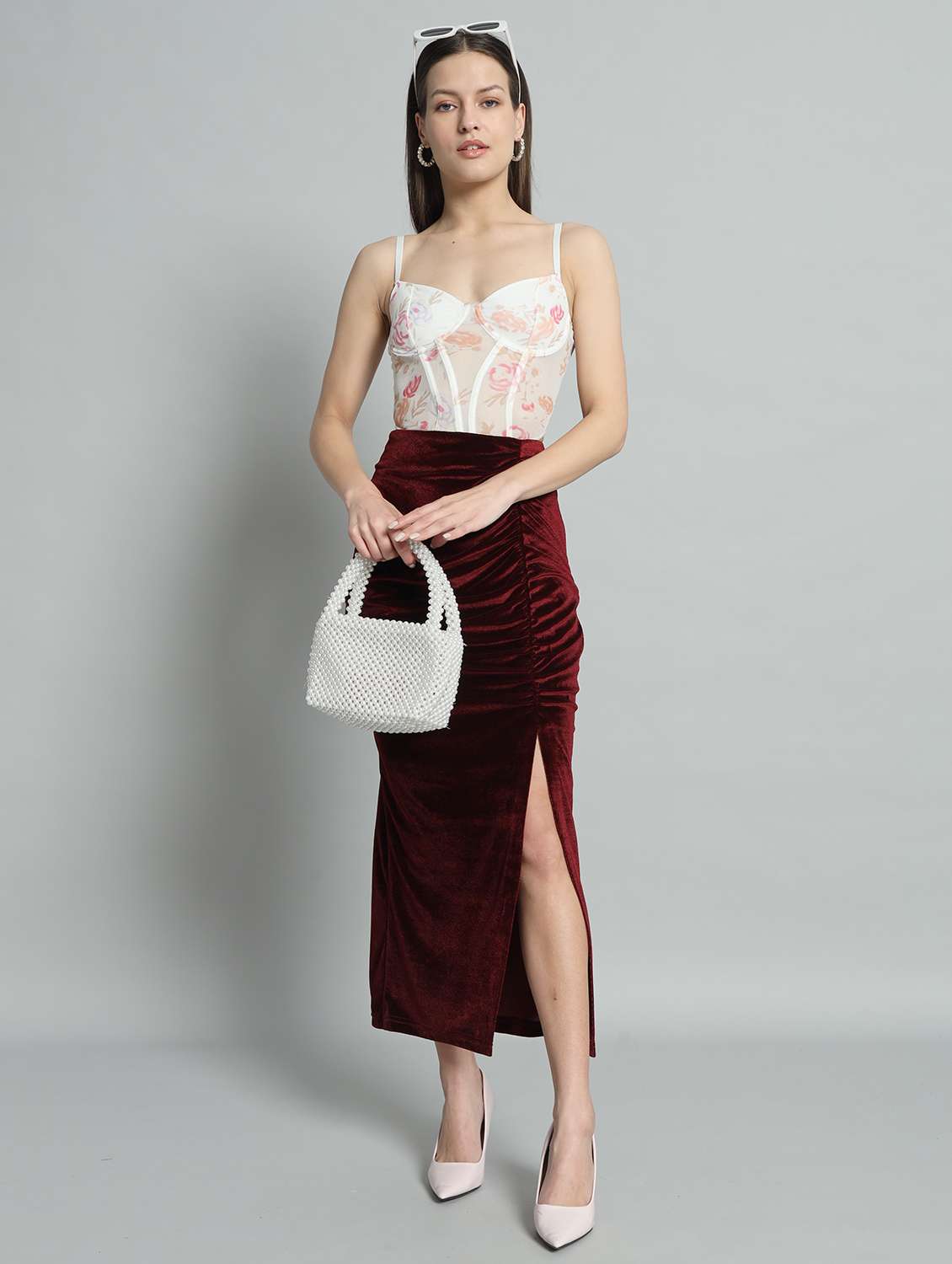 women maroon solid high tise ruched skirt - 22009683 -  Standard Image - 1