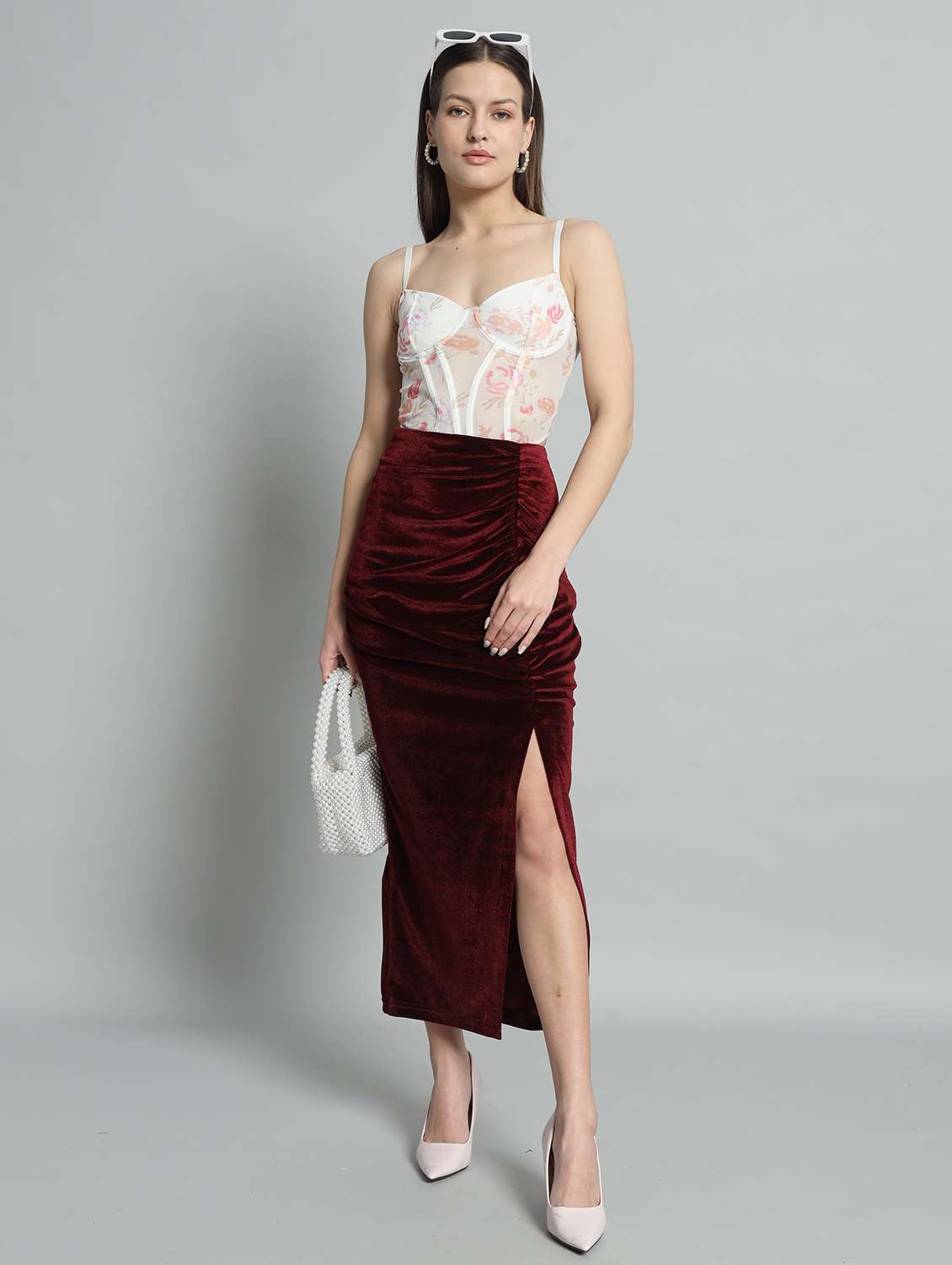 women maroon solid high tise ruched skirt - 22009683 -  Standard Image - 4