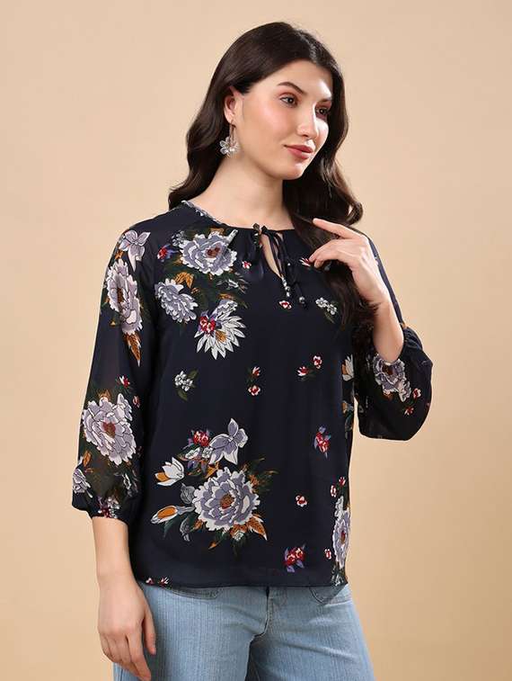 women floral printed tie up neck regular top - 22009689 -  Standard Image - 1