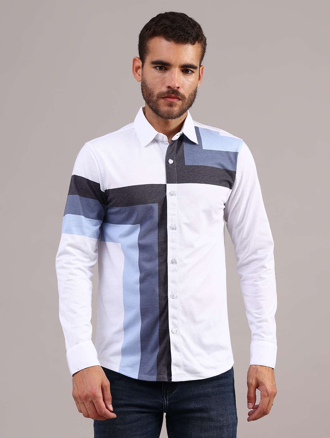 men printed collared long sleeve shirt - 22010423 -  Standard Image - 1