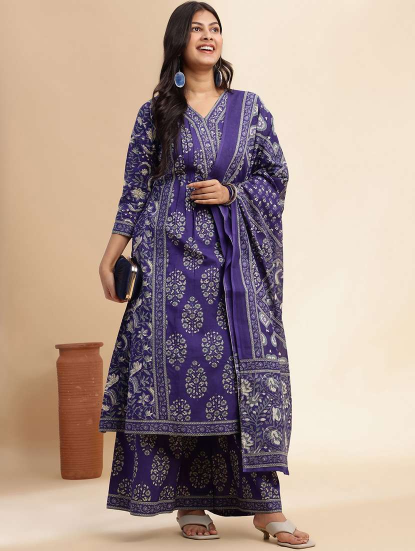 women floral three quarter sleeve kurta palazzo with dupatta set