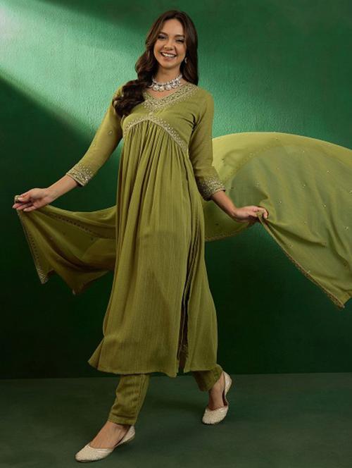 women embroidered three quarter sleeve kurta pant with dupatta set - 22011203 -  Standard Image - 0