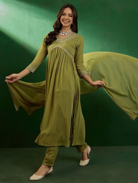 women embroidered three quarter sleeve kurta pant with dupatta set - 22011203 -  Zoom Image - 0